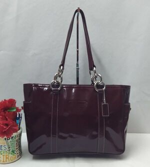 Coach Plum Purple Patent Leather Turn Lock Double Handles Zipper Tote Bag